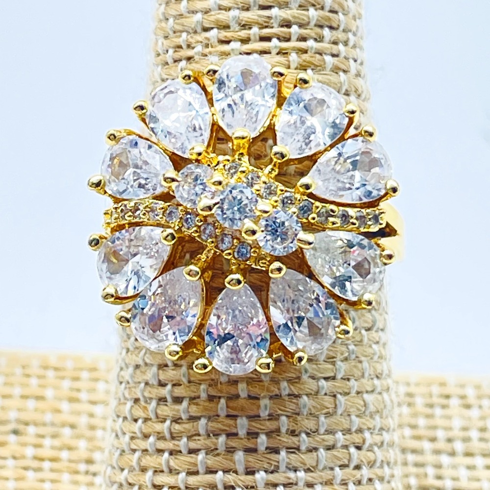 Vintage Gold Tone Ring Clear Marquise Rhinestone Flower Cluster Dinner Statement